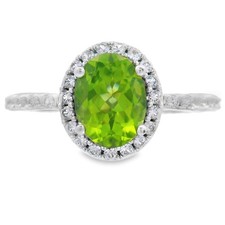 Peridot and Created White Sapphire Oval Halo Sterling Silver Ring