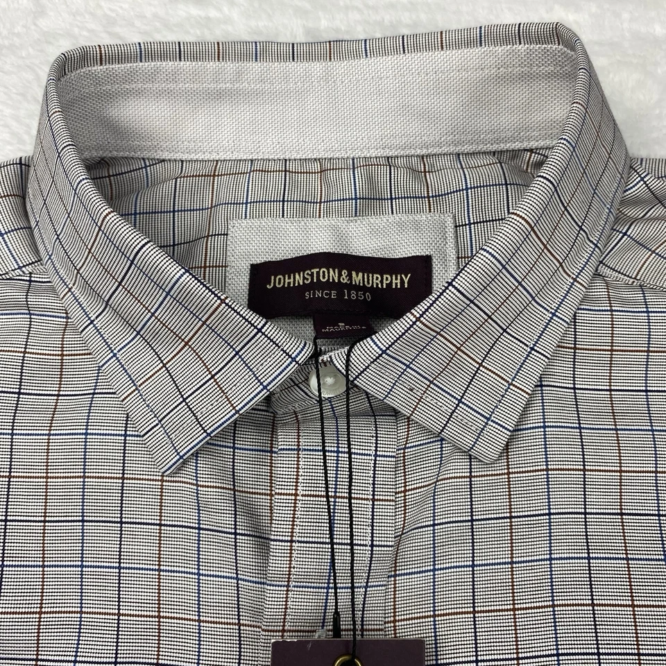 Camisa de vestir Johnston & Murphy para hombre pequeña gris con cuadros marrón-azul marino ¡NUEVA CON ETIQUETAS! Foto 3 de 4