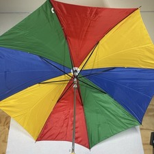 Vintage Rainbow Umbrella Wood Handle Metal Frame Colorblock Nylon 36"