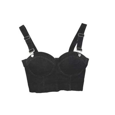 Say What Womens Black Denim Bustier Crop Top Overall Straps M edgy club street