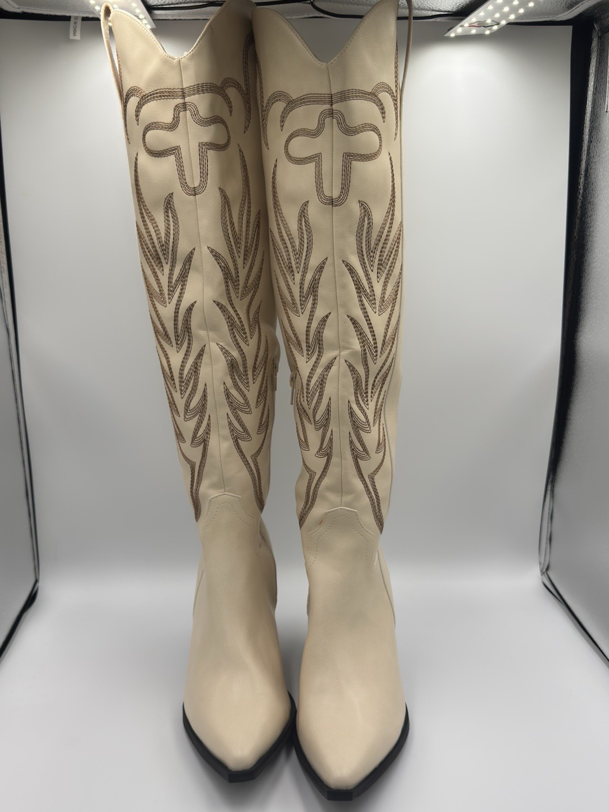 Women’s Beige Western Knee High Boots Pointed Toe Zip Embroidered Comfort