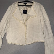 Kaari Blue Cream Tweed Fringe Trim Open Front Preppy Casual Capsule Blazer Size
