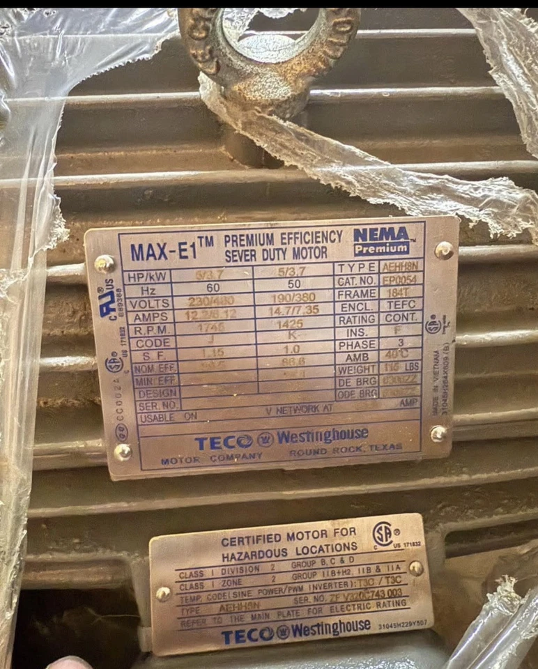 NEW TECO Westinghouse AEHH8N MAX-E1 Inverter Duty Motor EP0306 120Hz 30HP 37.5A - Image 3 of 4