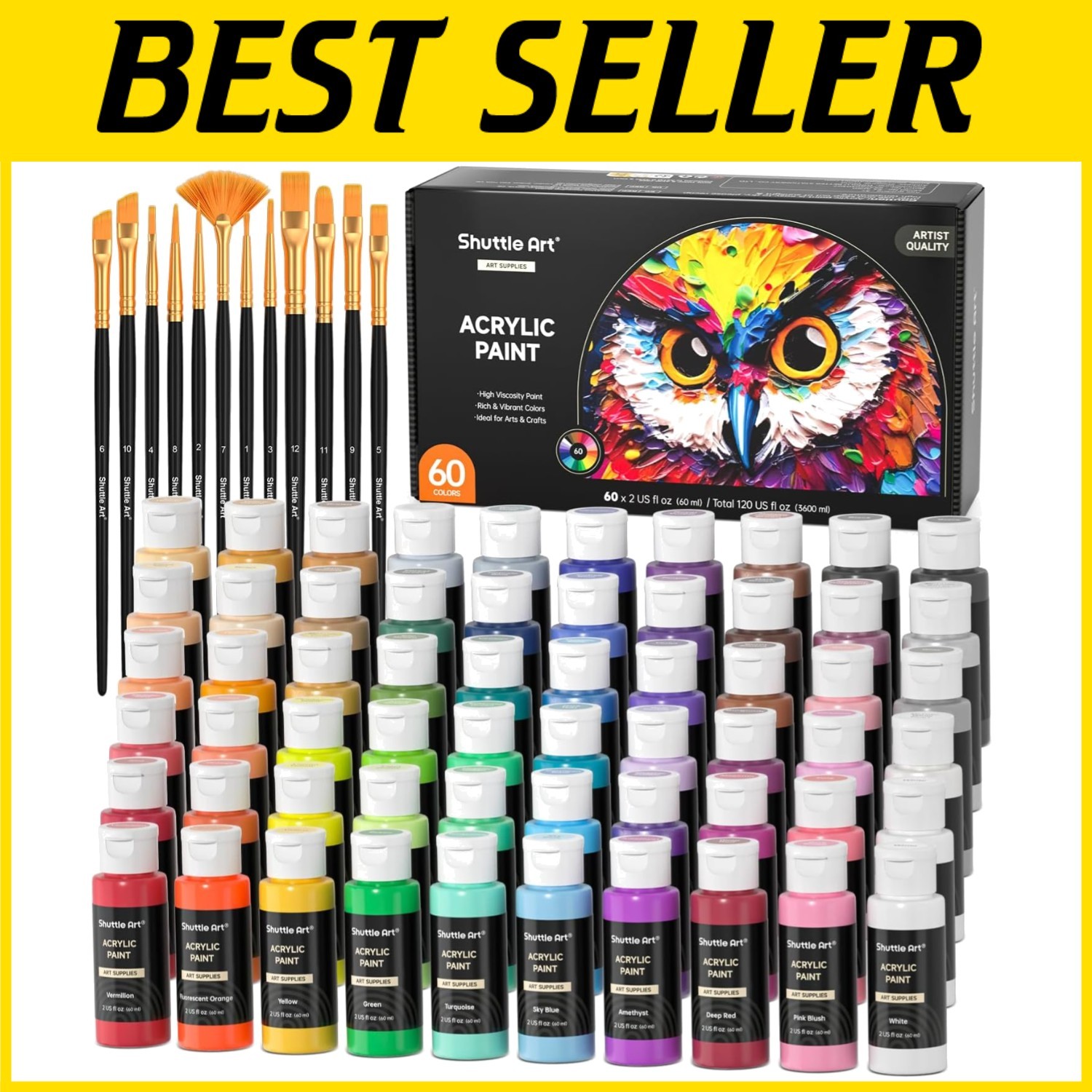 72 Pack Acrylic Paint Set - 60 Colors + Brushes