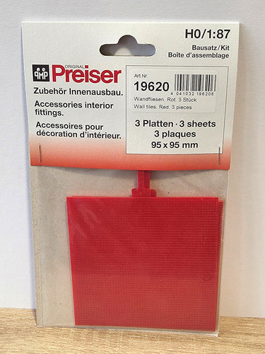 (6304) Preiser 1:87, 19620 interior azulejos de pared rojo 3 piezas 95x95 mm kit | Zustand: Neu