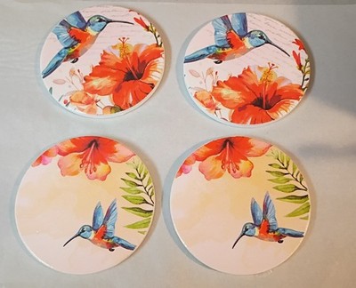 Round Ceramic Cork-Backed Coaster Set of 4 Hummingbird Floral Slip-Proof
