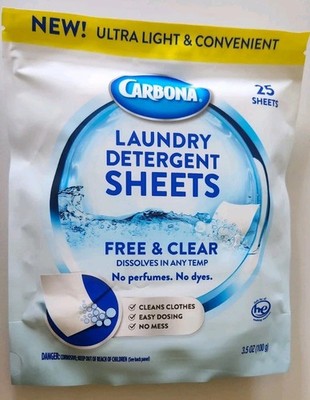 2-Carbona Laundry Detergent Sheets -Free & Clear, 25 Sheets, 50 TSHEETS. SALE
