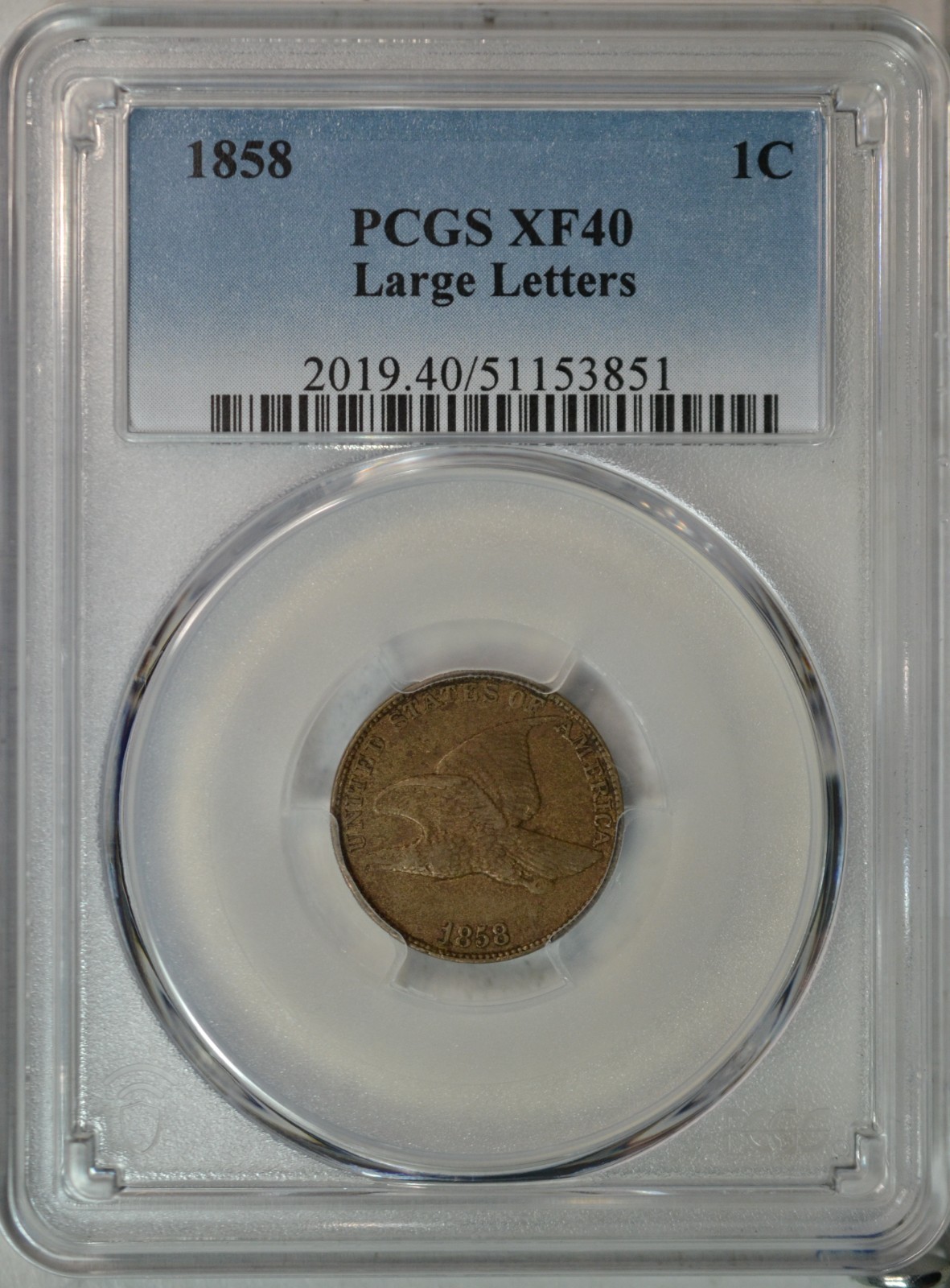 1858 Flying Eagle cent, Large Letters, PCGS XF40