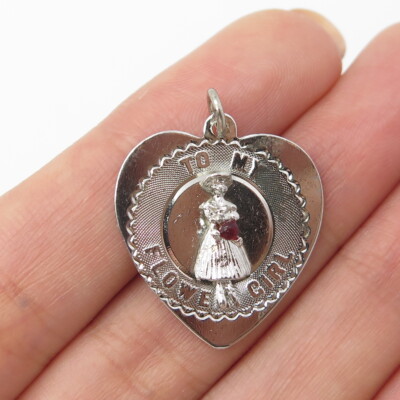 925 Sterling Silver Vintage SAS Real Ruby Gem ''To My Flower Girl'' Heart Pendant