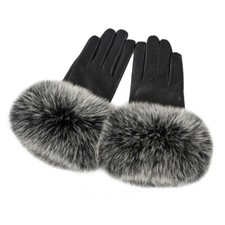 Women Genuine Lambskin Leather Gloves with Real Fox Fur Trim Cuff Winter Warm