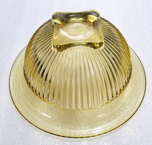 Vintage Gold Amber Tinted Heavy Glass Mixing Bowl~Ribbed 9 1/2”X 4 3/8"  - Picture 6 of 11