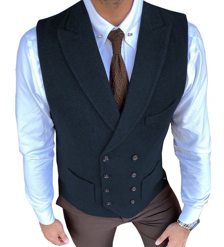 Elegant Men Double Breasted Tweed Waistcoats Vintage Herringbone Vest 44 46 48