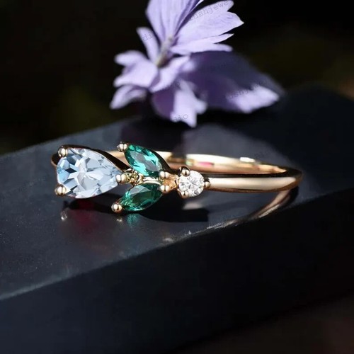 4Ct Pear Simulated Aquamarine/Emerald Engagement Band Ring14k Yellow Gold Plated - Picture 3 of 8