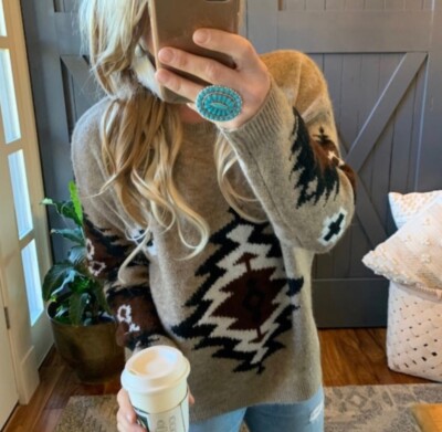 S New Boutique Brown Aztec Western Pullover Crew Neck Sweater Womens SMALL
