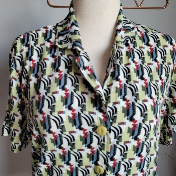 FLAX Hawaiian Retro Abstract Oversized Button Front Shirt Womens Size Small