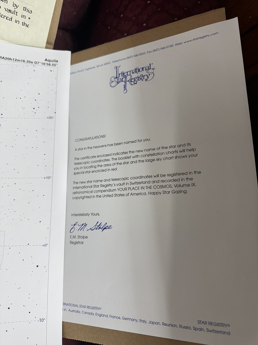 Vtg International Star Registry Registered Star Certificate