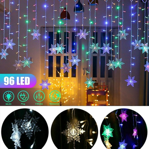 Christmas 96 LED Curtain Window Snowflake String Fairy Lights Waterproof Decor - 第 1/16 張圖片