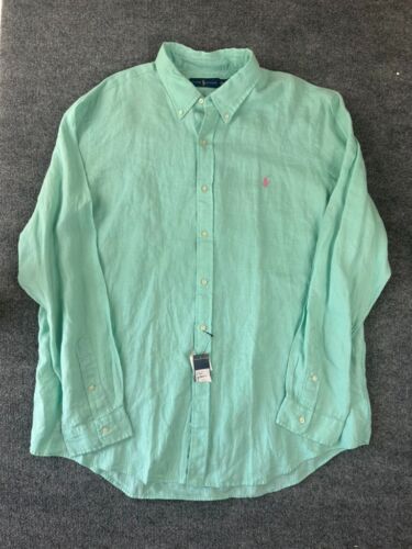 NWT Polo Ralph Lauren Mens 2XL Mint Green Button Up Linen Classic Long Sleeve