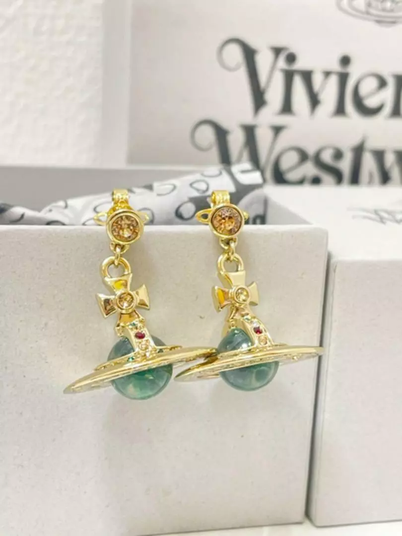 Genuine Vivienne Westwood 3D ORB earrings brand women's popular gold green