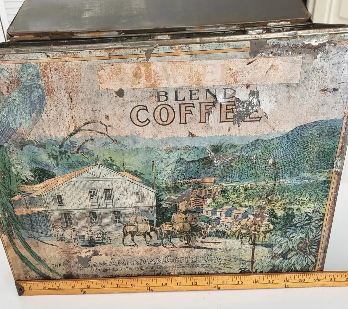 Antique Chromo Litho Tin German American Coffee Bin