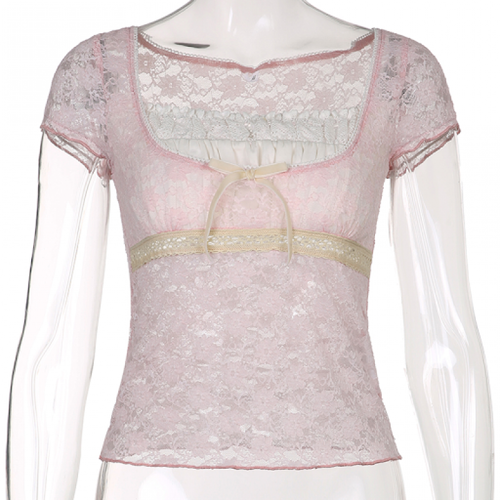 2022Lady Y2K Sweet Pink Crop Top Fairycore pizzo fiocco carino retrò manica corta - Foto 5 di 13
