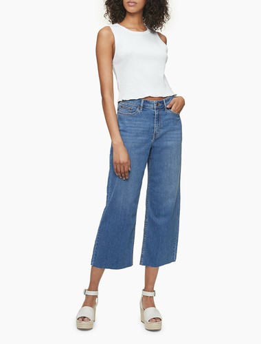 Wide Leg Cropped Jeans, Mid Blue 