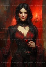 VAMPIRE WOMAN ART PRINT, Gothic Poster Decor, Fantasy Halloween Decor Wine Glass