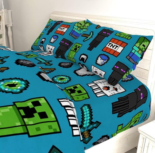 Minecraft Mob Fitted Sheet and Pillowcase Set Single/Double Size Matches Bedding