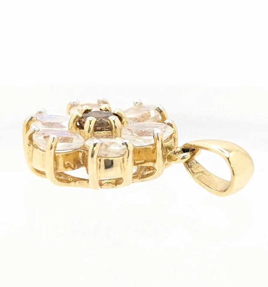 14K Solid Yellow Gold 3.5g White Stone and Smokey Quartz Blooming Flower Pendant - Image 3 of 4