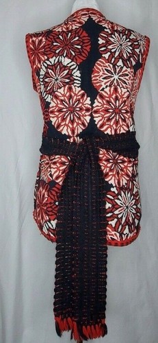 Vintage festliche lange Weste, rot, weiß und schwarz Strick vorne offen mit Strickgürtel - Bild 5 von 11