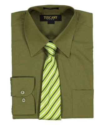 Men's Dress Cotton-Blend Shirts W/ Matching (Random design) Tie Set - OLIVE
