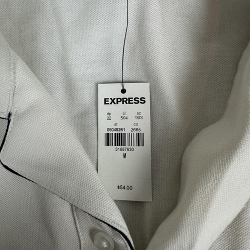Express Polo Shirt Mens Medium White Piped Pocket Collar New Tags Stain Flawed - Picture 4 of 10