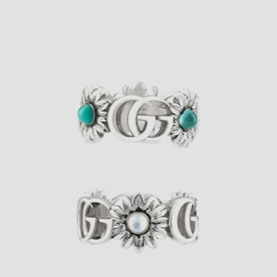 Authentic GUCCI Stg Silver GG Marmont Flower Turquoise MOP Ring Orig Pouch Sz 18