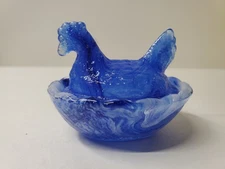 Miniature 2.5 Inch Cobalt Blue & White Slag Glass Hen on Nest Salt Cellar