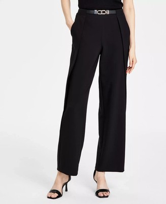 Anne Klein Liberty Stretch Belted High-Rise Wide-Leg Pants Women's S Black Pleat