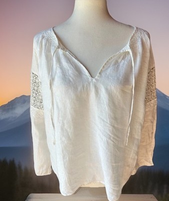 Nili Lotan Bohemian Embroidered Peasant White 100% Linen Top SZ S