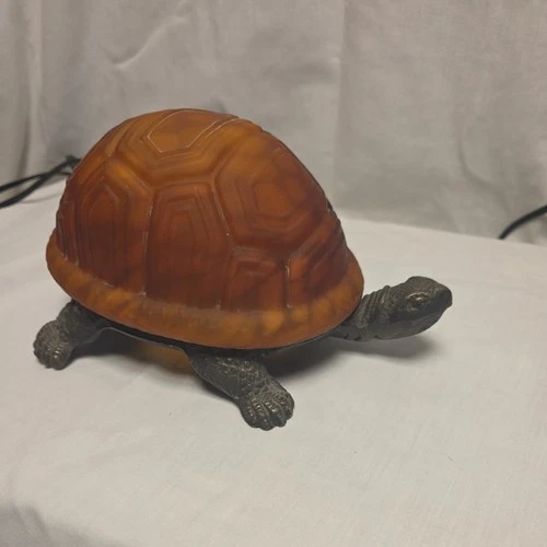 Vintage Tiffany Style Frosted Amber Glass Shell Turtle Table Lamp