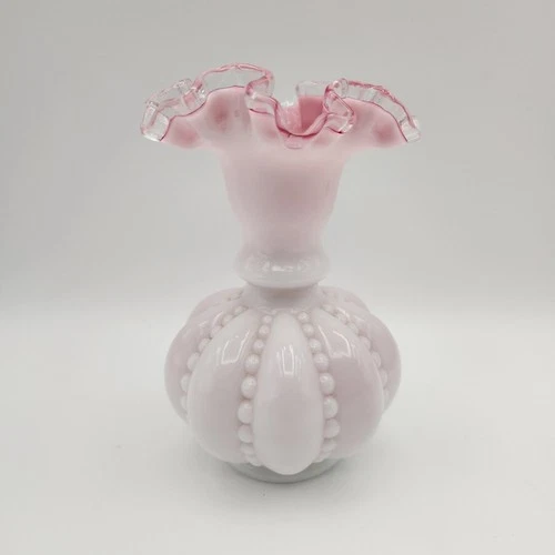 Fenton Peach Crest Vase Vintage Milk Glass Ruffled Edge Beaded Melon Pink White