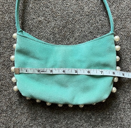 Hype Suede Mini Purse Shoulder Hand Bag Teal Blue Pearl Accents Magnetic Closure - Picture 9 of 11