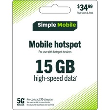SIMPLE Mobile 34.99 Hotspot Data, 15 GB, 30  Day Plan Physical Delivery 