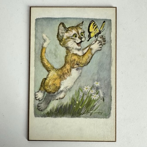 VTG Gig Goodenow Orange Cat Playing with Butterfly Print on Wood 8.75”x 5.75”