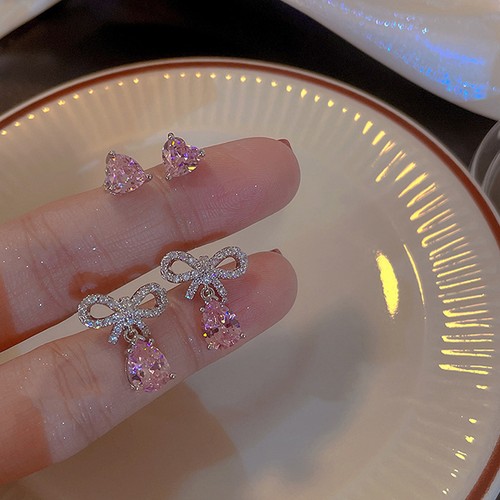 1/2Pair Shining Pink Zircon Waterdrop Bow Stud Earrings Romantic Heart Jewelry - Picture 4 of 12