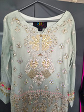 Sajni Fashion Women?s Green Embroidered Organza Salwar Kameez Suit Size S