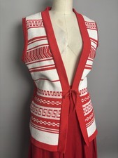 Vintage 70s Boho Red White Southwestern Tie Front Sweater Vest Top