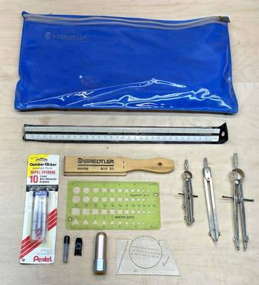 Drafting Tool Lot Staedtler Mars Alvin Ruler Sharpener Compasses Templates Bag