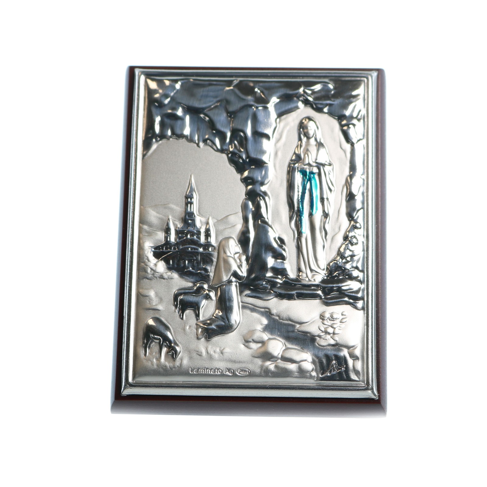 Cadre Apparition de Lourdes sur plaque argentée de dimension 7x5cm pour coin prière