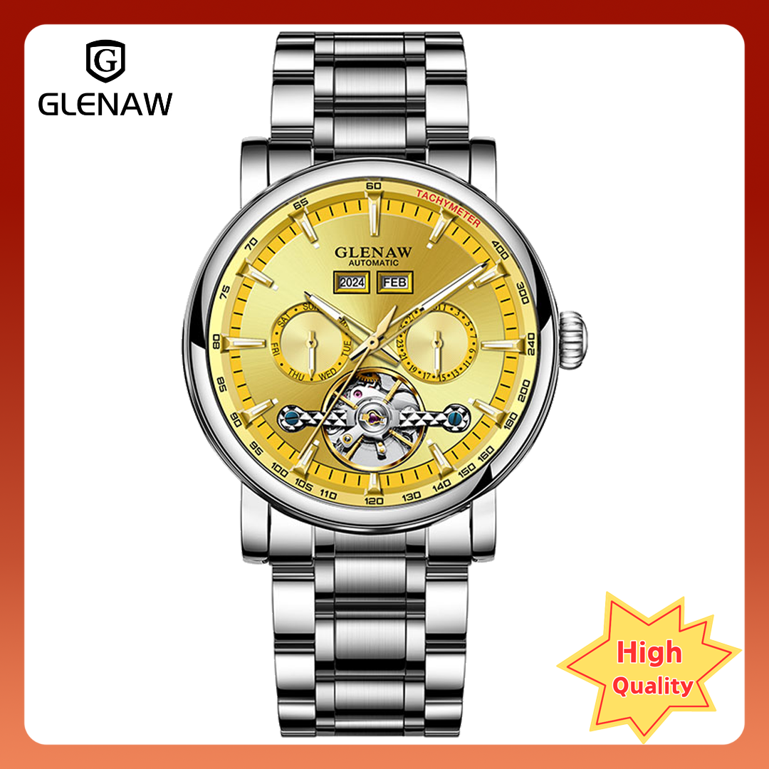 GLENAW luxury automatic mechanical men's watch date tourbillon dress luminous