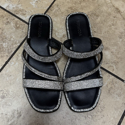 Top Moda Women's Black/Silver Strappy Rhinestone Faux Leather Slide Sandals 8