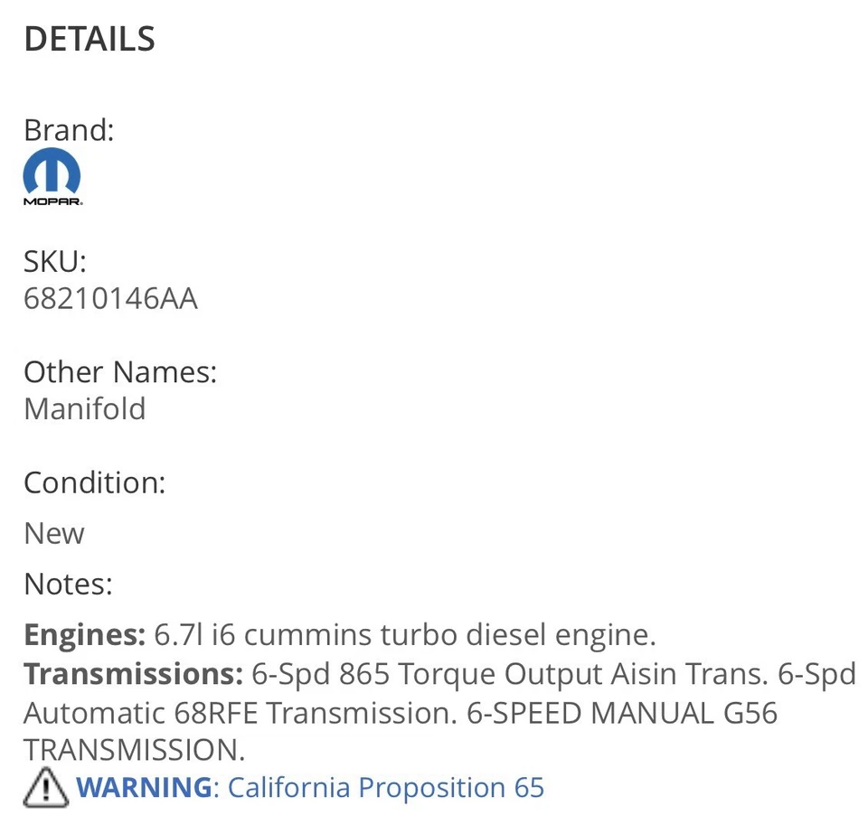Colector de combustible OEM Mopar/Cummins Dodge Ram 25-3500 modelos 13-18 68210146AA Foto 3 de 4