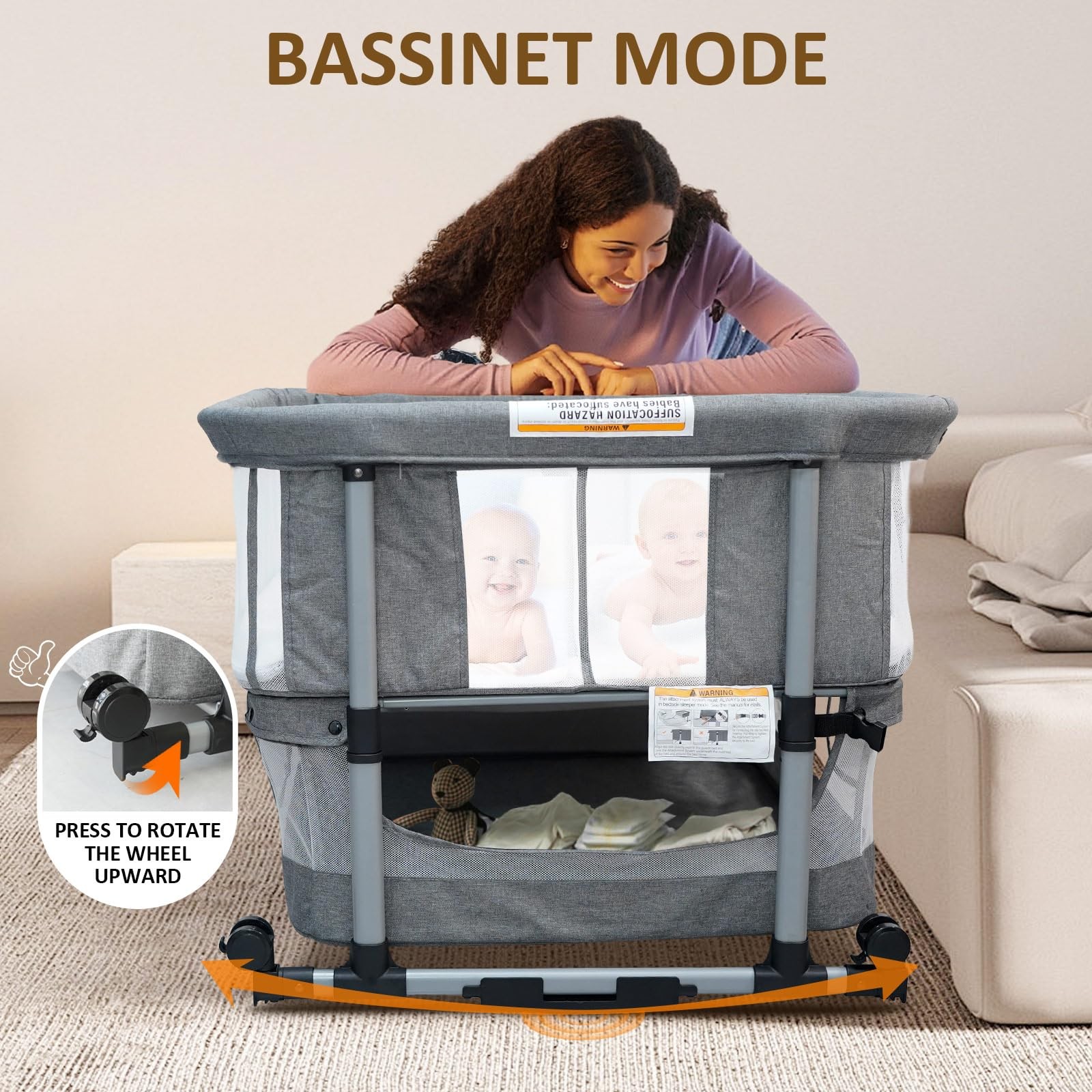 Twin Bassinet for 2 Babies, Double Bassinet for Twins, Rocking Bassinet with ...